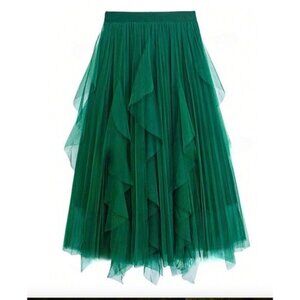 Green Ruffle Trim Mesh Overlay Skirt